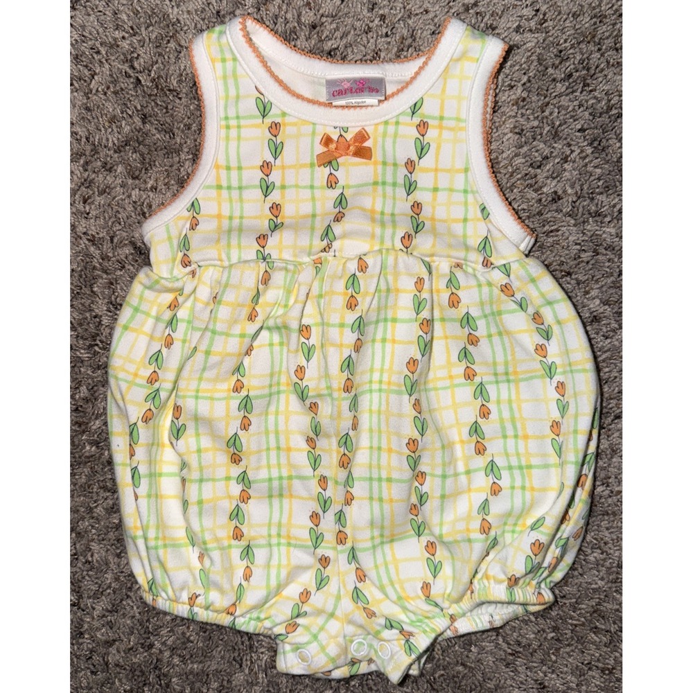 Vintage Carter's Yellow Orange Green Floral Bubble Romper  Size 9-12 Month